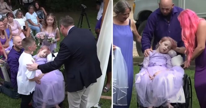 Brave little girl wheeled down the aisle by dad to marry school sweetheart days before passing away