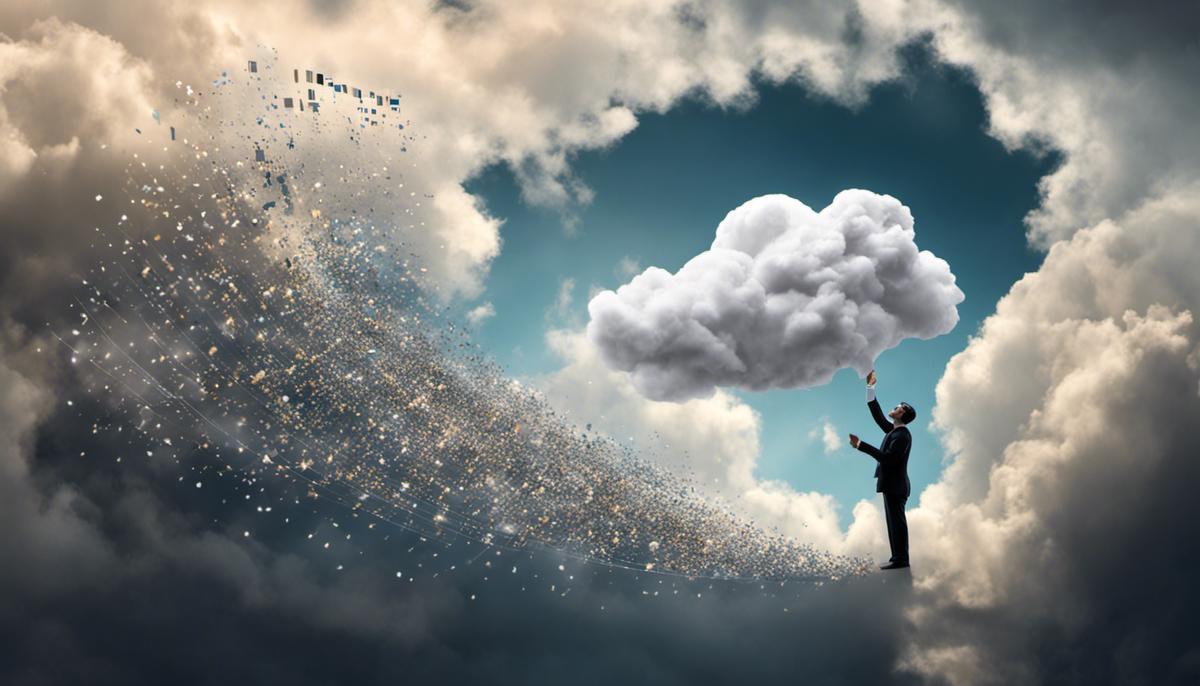 Illustration depicting a person holding a cloud containing data.