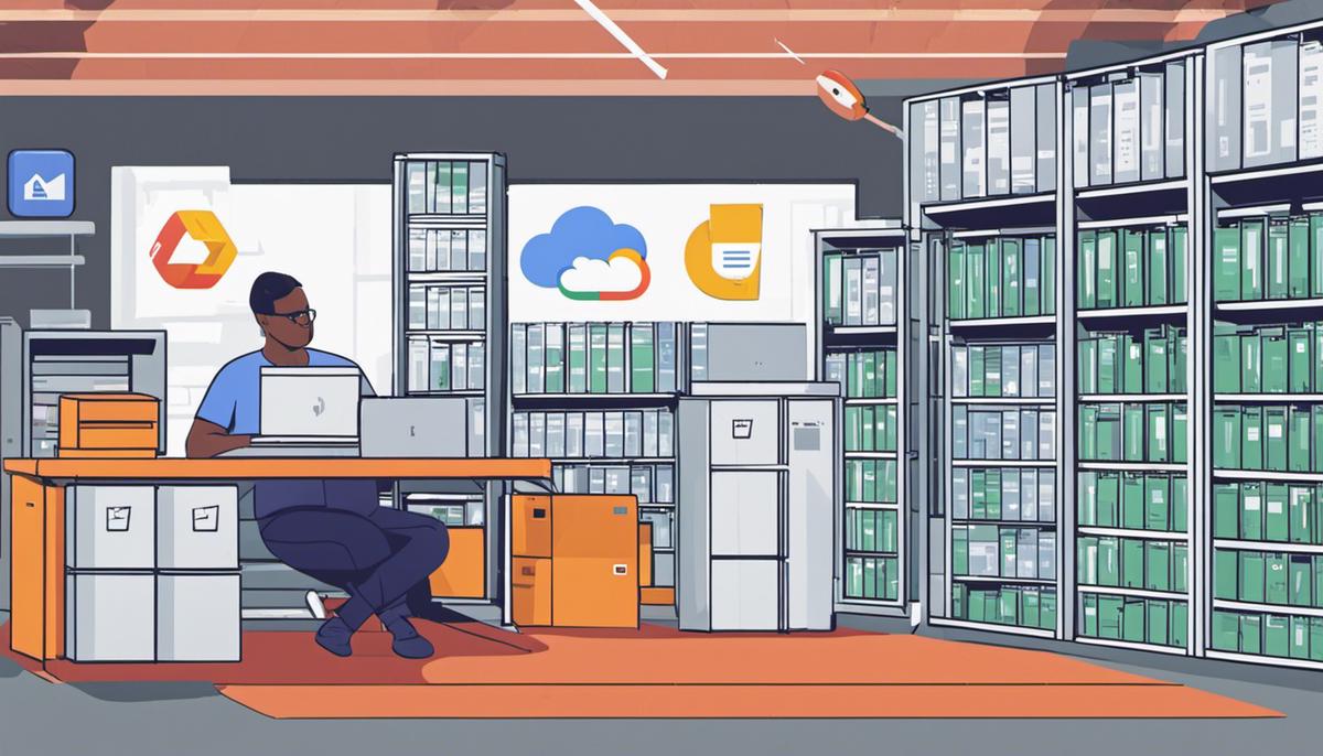 Illustration of Google Cloud Datastore and RESTful API in action, showing data being stored, retrieved, and queried.